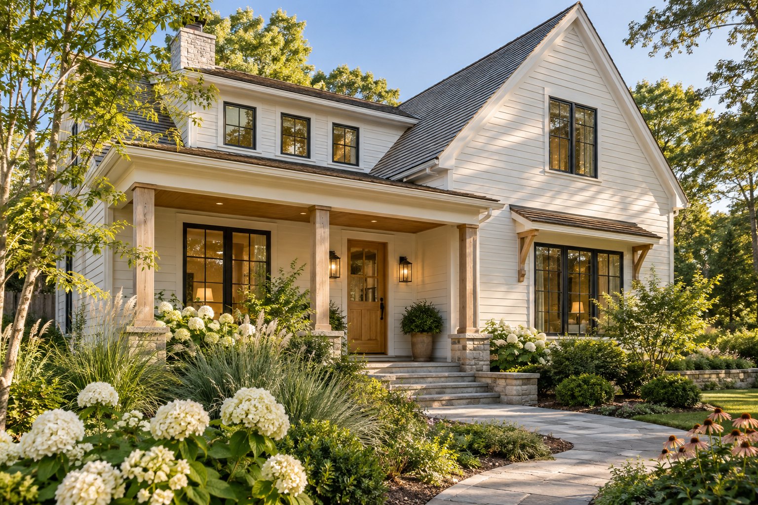 Architectural concept of a sunlit New England home with a crafted porch and lush garden