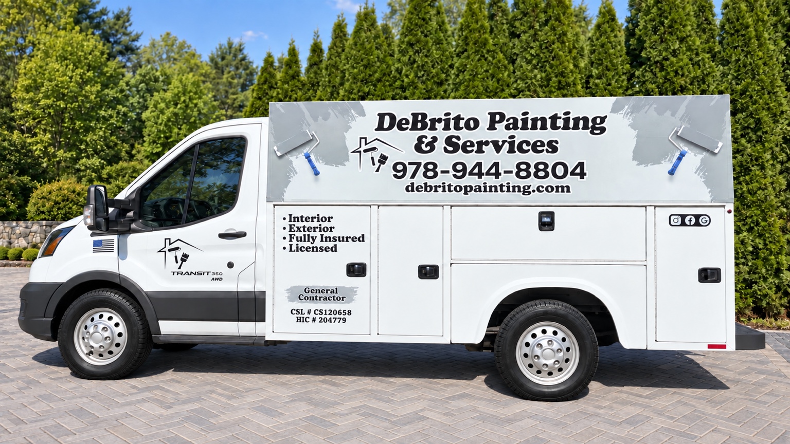 DeBrito Painting & Services work van on a paved driveway with landscaped greenery
