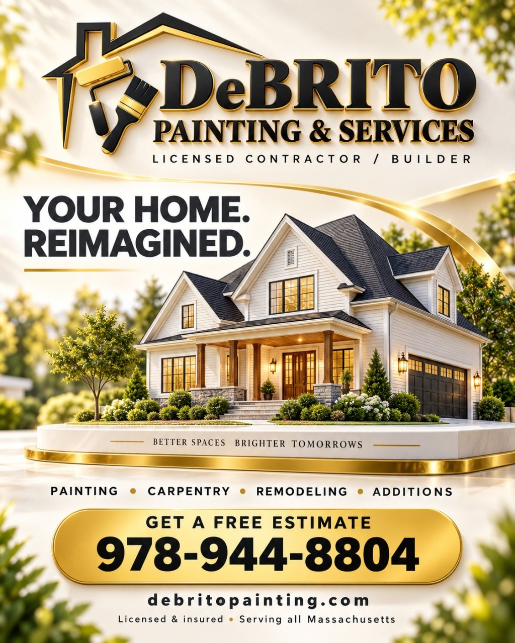 DeBrito Painting & Services promotional illustration with a dimensional gold and black logo, a house model, services and phone 978-944-8804.